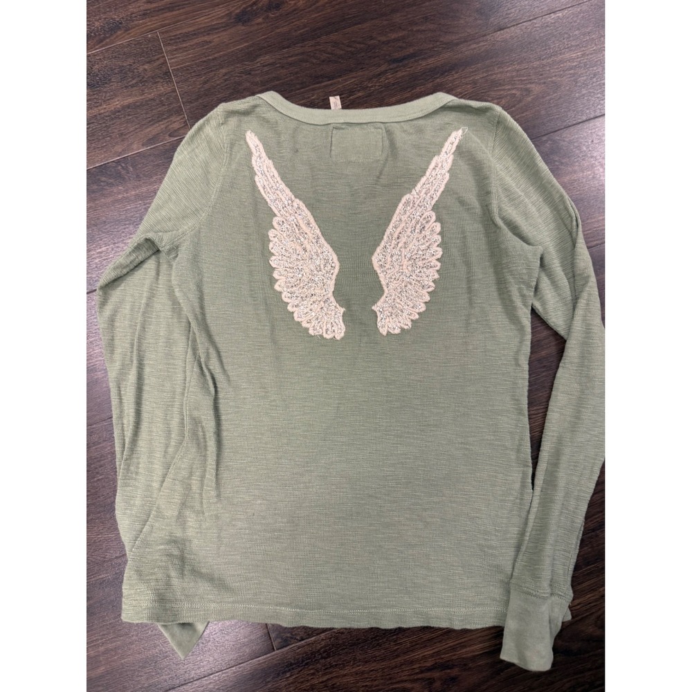 Twisted Heart Sage Green Waffle Knit Thermal Top Angel Wings Size Large Y2K